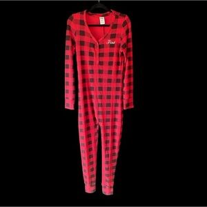 PINK Victoria's Secret Red Pepper Buffalo Check Thermal One Piece
Pajama Large